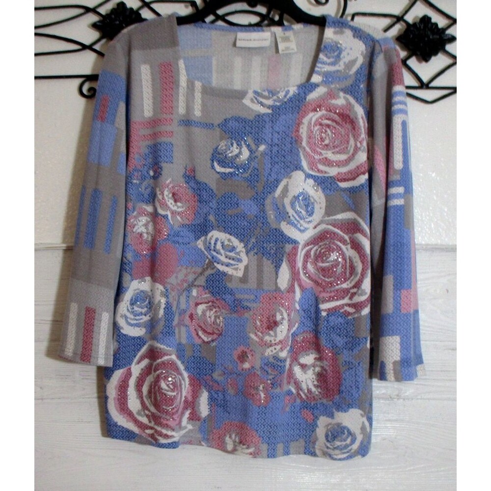 Alfred Dunner Women's Knit Top Size S Blue Floral Long Sleeve Square Neck
